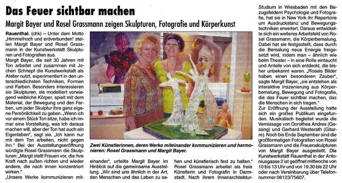 Pressemeldung - Ausstellung in der Kunstwerkstatt Rauenthal - Margit Bayer und Rosel Grassmann zeigen Skulpturen, Fotografie und Körperkunst.